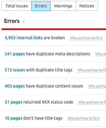 SEO errors - high priority