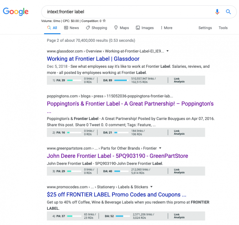 Example intext: Google search operator
