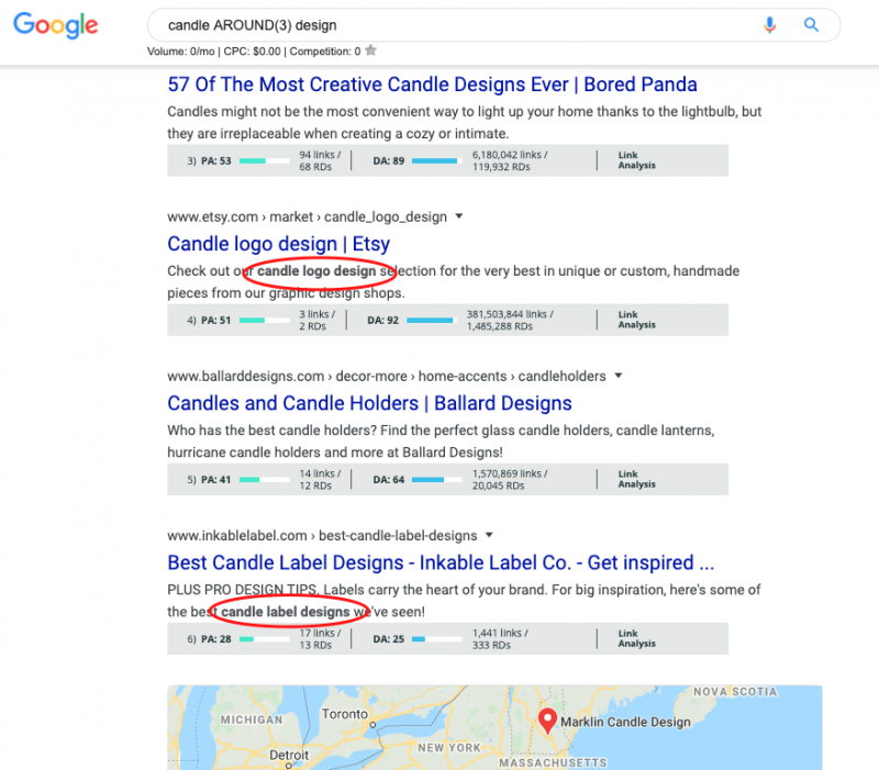 Example AROUND(X) Google search operator