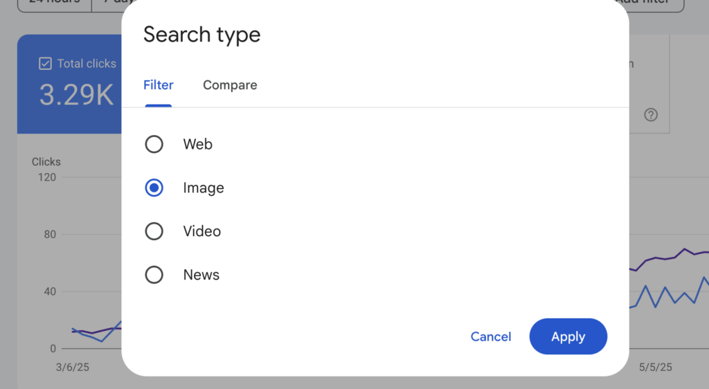 Screenshot of filter by image option on Google Search Console