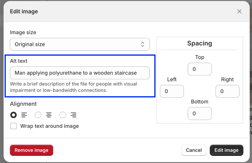 Screenshot of an alt text box for an image