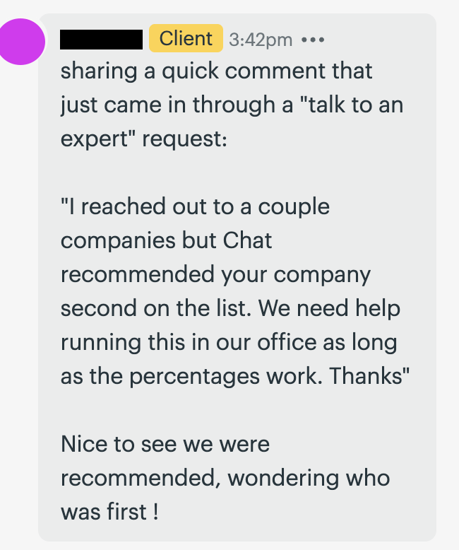 B2B prospect describing how ChatGPT recommended a company